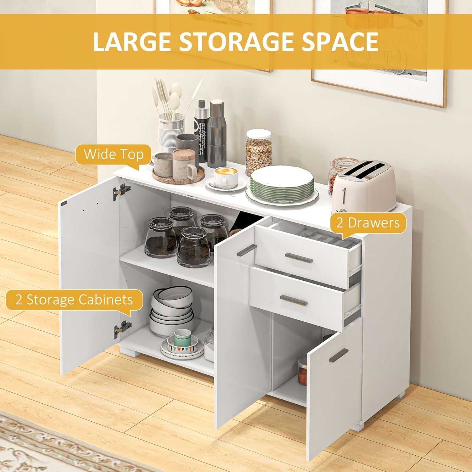 Modern White Storage Sideboard with Adjustable Shelves, 2 Drawers & 3 Doors