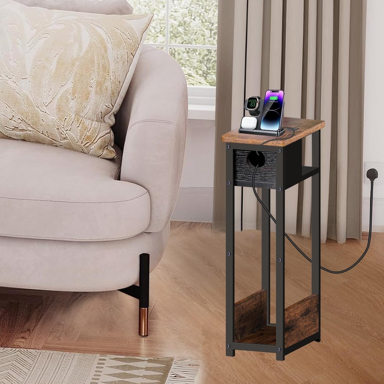 Multi-Functional Slim Side Table with Storage Rack & Magazine Holder