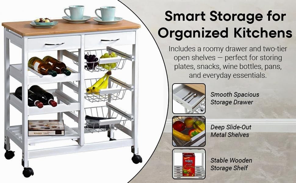 Kitchen Island Trolley on Wheels w/ Drawer Shelf White
