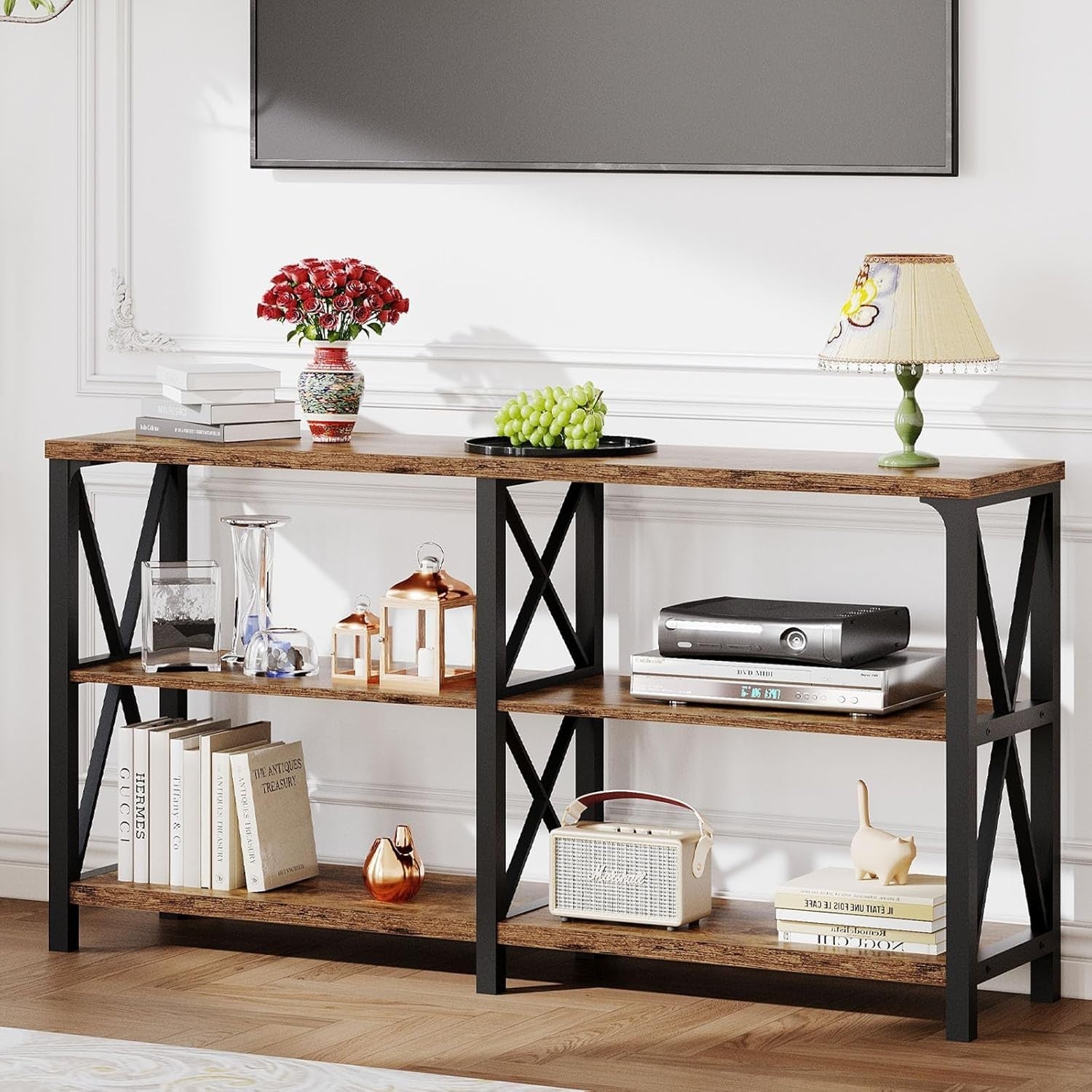 Rustic Console Table 3-Tier Wood Shelf for Entryway Sofa Hallway 55in
