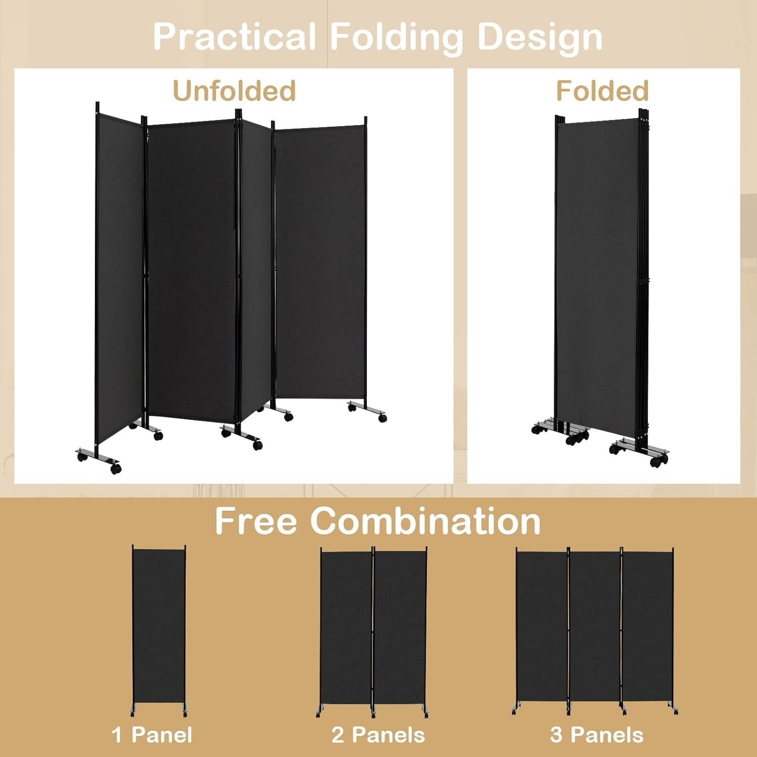 4-Panel Grey Folding Room Divider 224x30x172cm Privacy Screen Partition