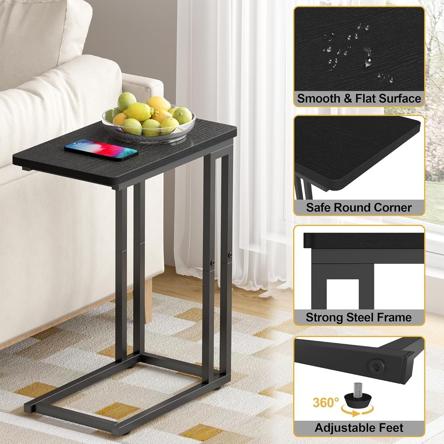 C-Shaped Narrow Side Table with Storage, Slide-Under Sofa, Compact Desk