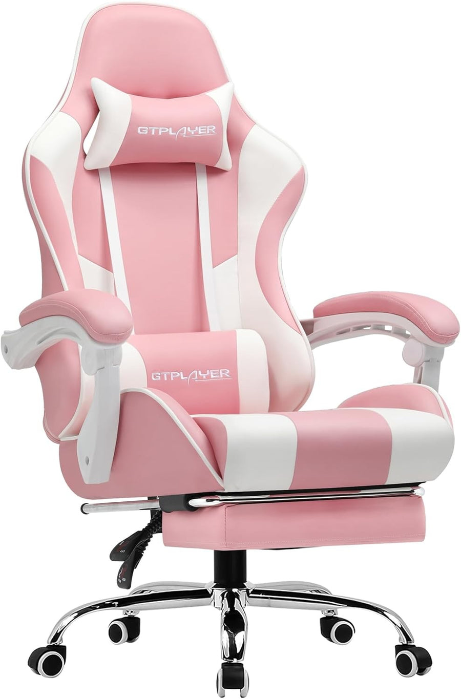 Ergonomic Gaming Chair Massage Lumbar Footrest Pink Recliner