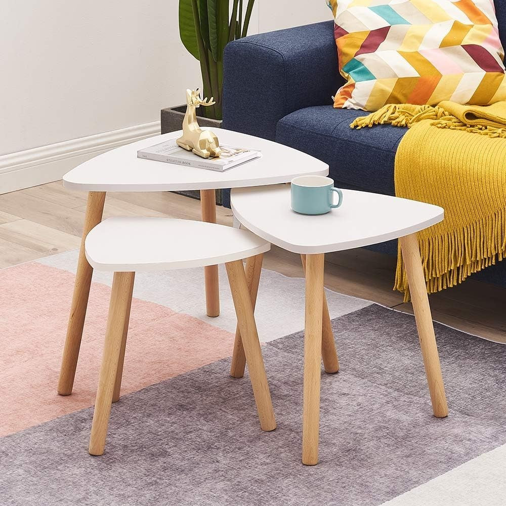 Nest of 3 Modern Coffee Side Tables Wood Triangular End Table Set White/Grey
