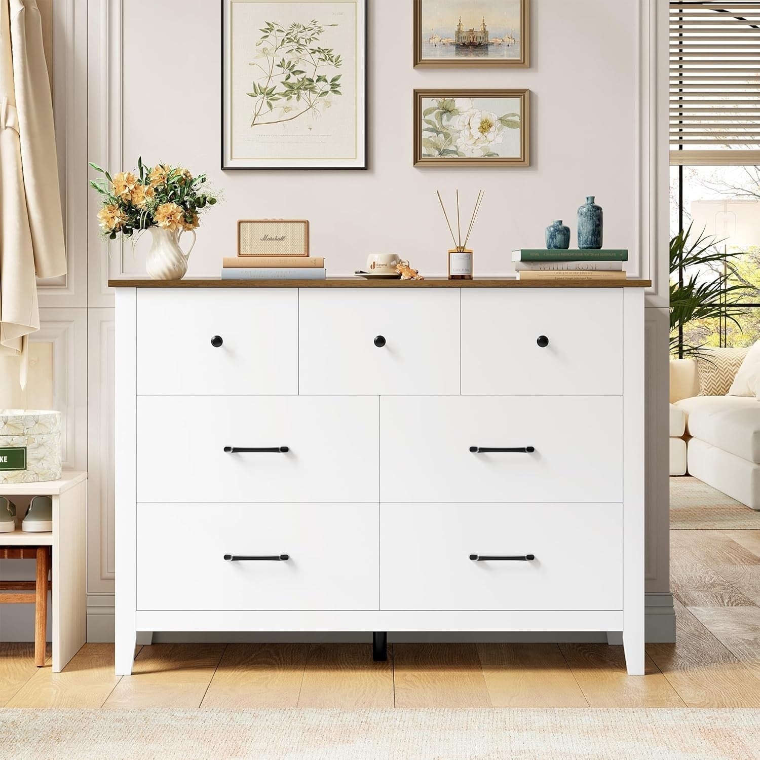 White 7 Drawer Chest with Oak Top – Modern Storage Cabinet for Bedroom & Hall