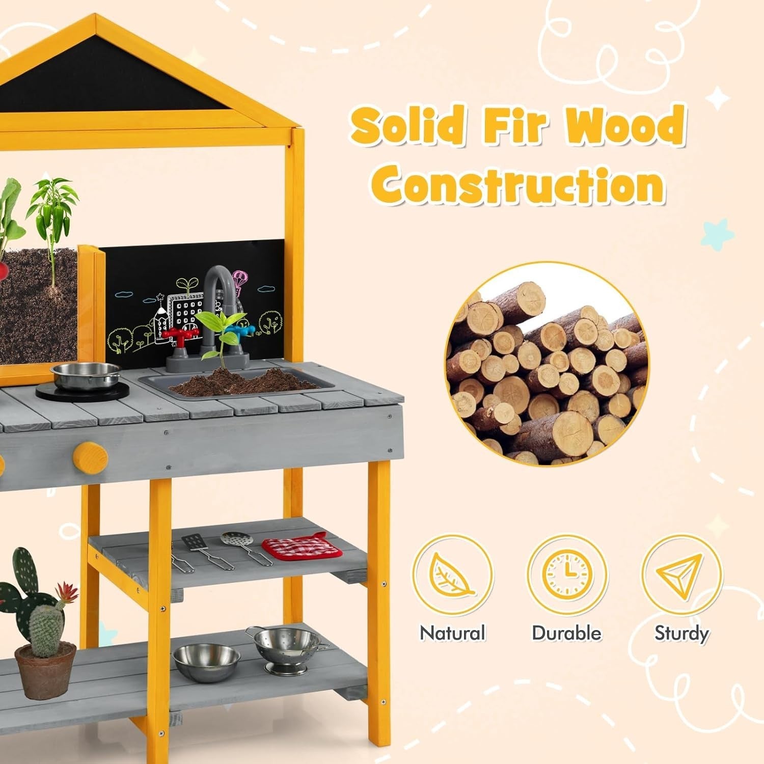Outdoor Mud Kitchen Kids Playset w/ Planter Sink Chalkboard Toy