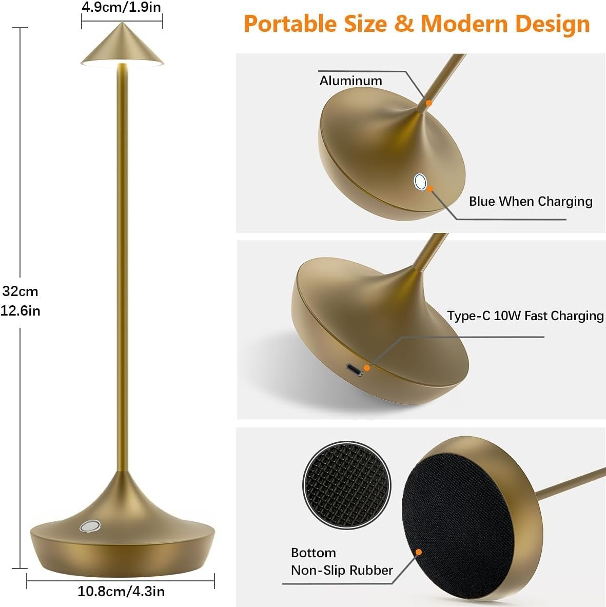 Cordless Rechargeable LED Table Lamps, Dimmable, Portable, 2pcs Bronze