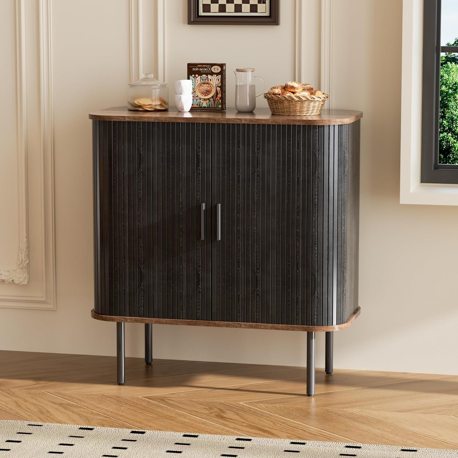 Modern Black Sideboard Buffet Cabinet Cupboard with Sliding Tambour Doors