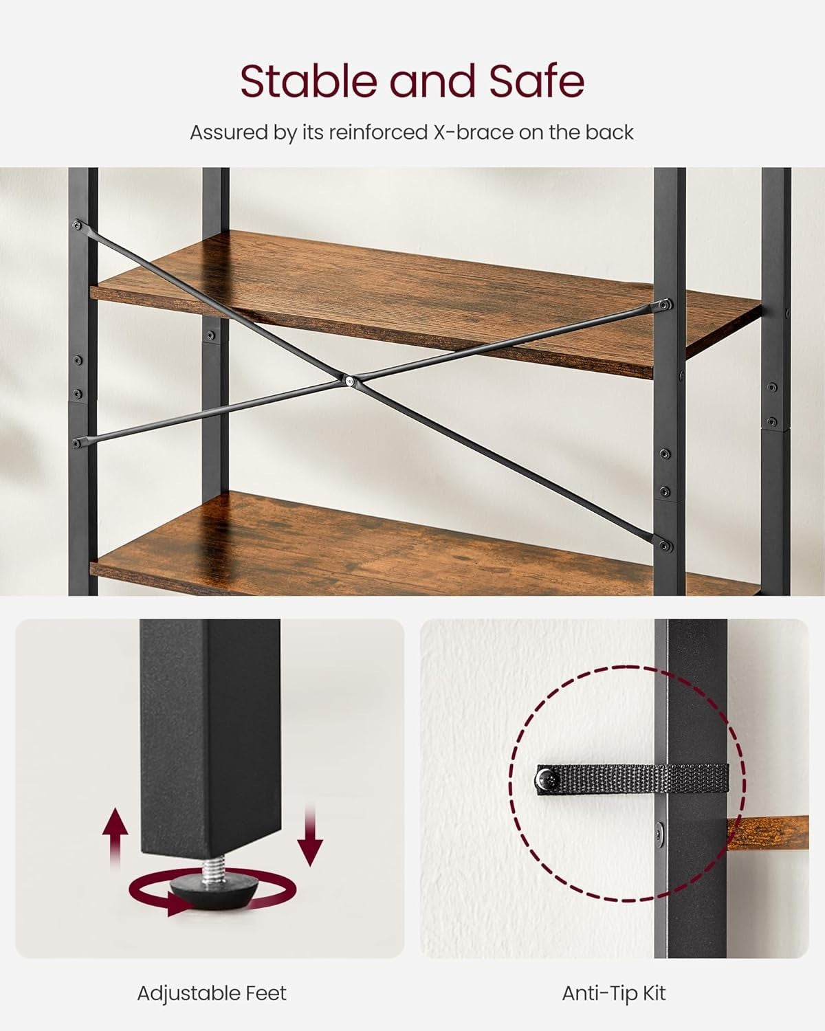 6-Tier Industrial Bookshelf Rustic Brown 80W x 186H cm Sturdy Storage