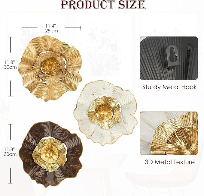 12" Gold Metal Flower Wall Décor Pack of 3 Modern Wall Art Accent