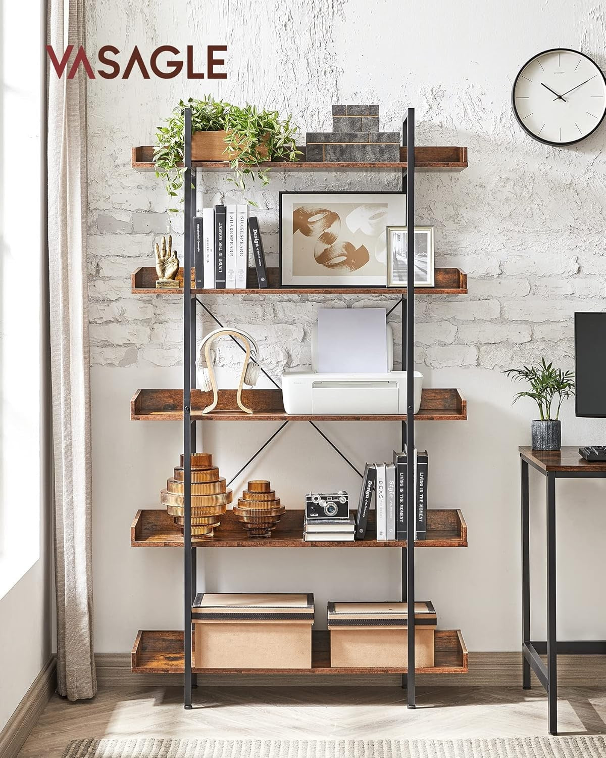 Industrial 5-Tier Bookshelf Rustic Wood Storage Shelving Unit Metal Frame
