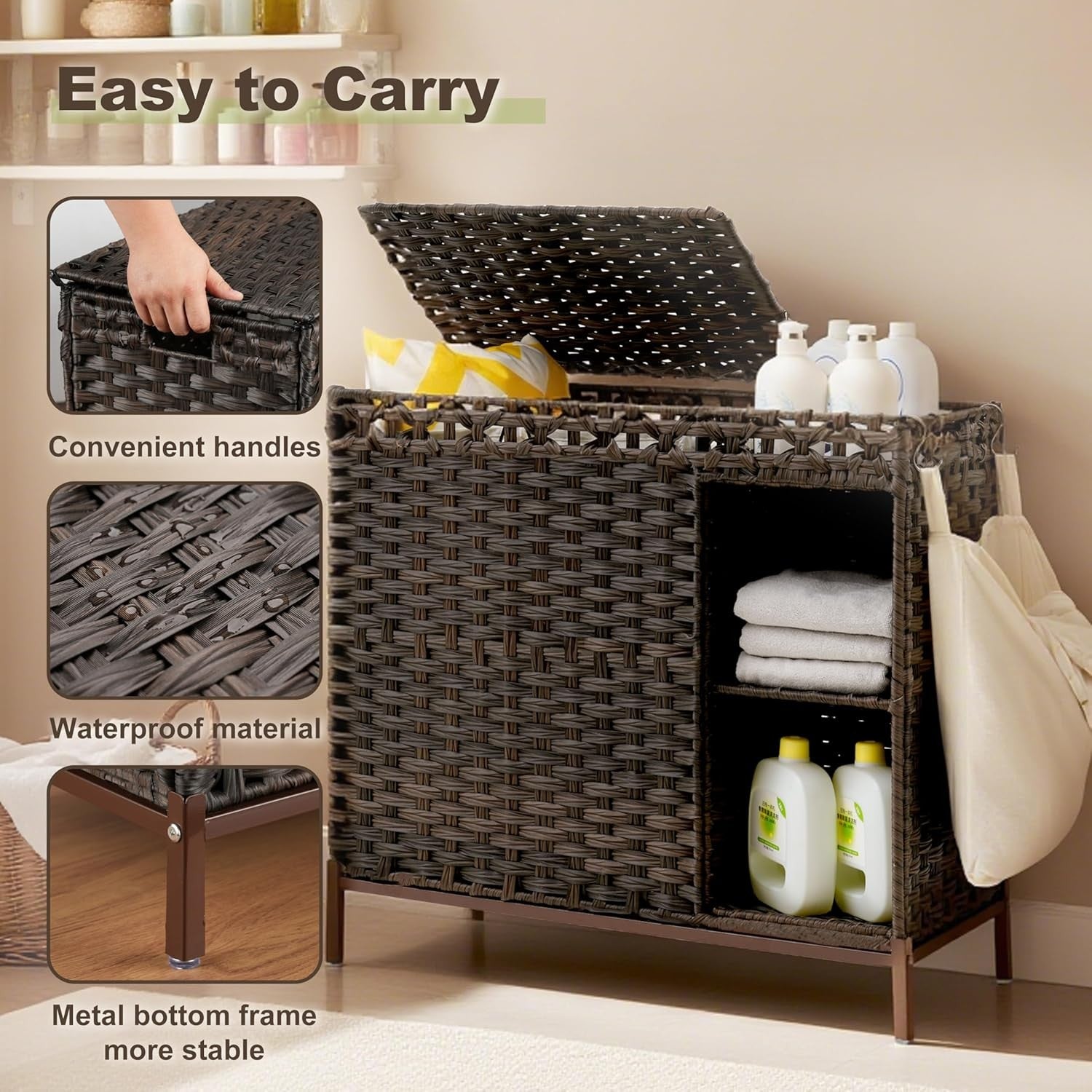 110L Brown Rattan Laundry Hamper 2 Section with Lid Wicker Basket Shelf Unit