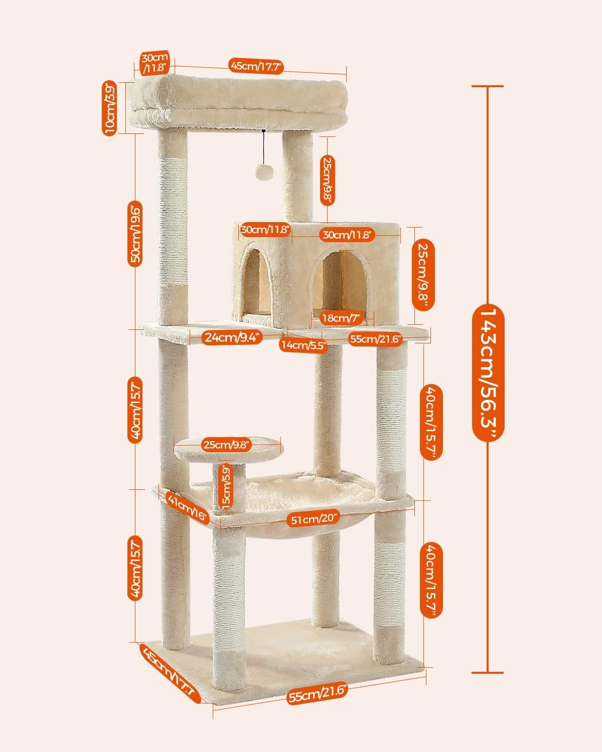 Large Cat Tower 143cm Multi Level Scratching Posts Hammock Condo