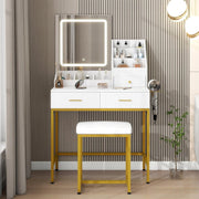Vanity Makeup Dressing Table with LED Mirror 3-Color Light & Storage White/Gold