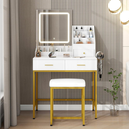 Vanity Makeup Dressing Table with LED Mirror 3-Color Light & Storage White/Gold