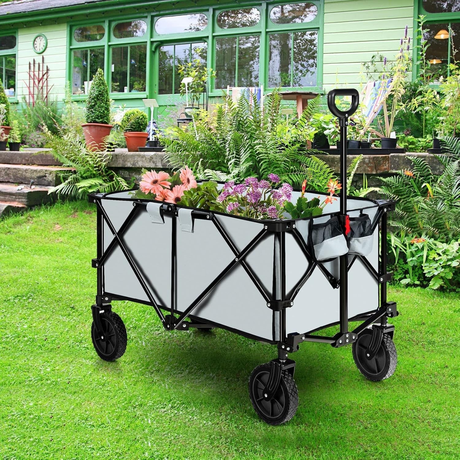 Folding Camping Wagon Utility Cart Beach Garden Trolley w Cup Holders