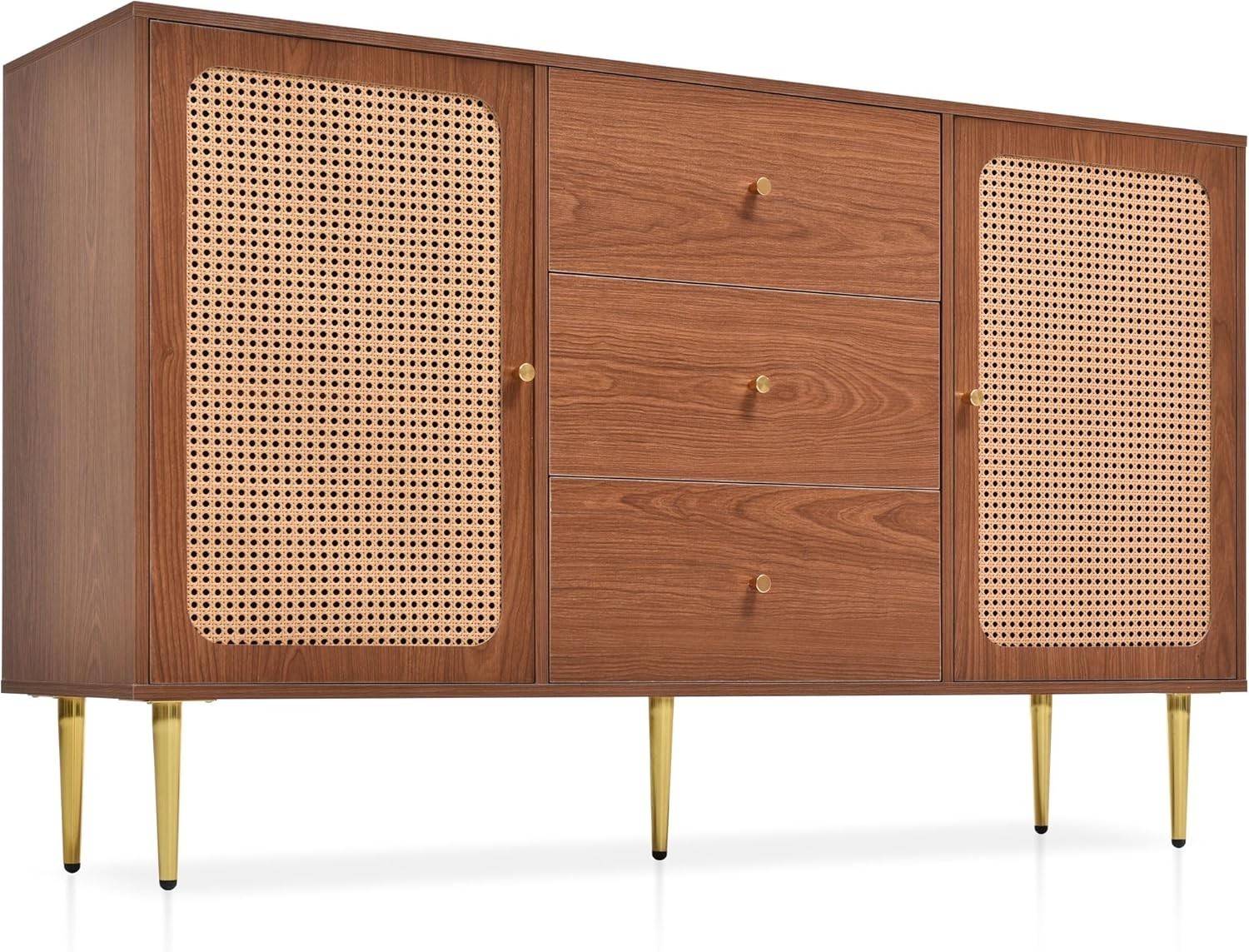 Walnut Rattan Sideboard Storage Cabinet 3 Drawers 2 Doors 150cm Vintage
