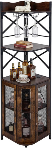 Corner Wine Bar Cabinet with LED Lights, 5-Tier Bottle Rack & Glass Holder
