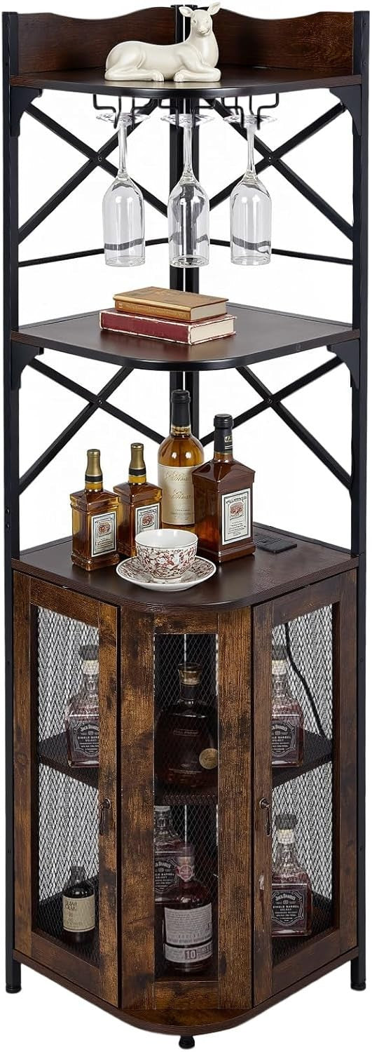 Corner Wine Bar Cabinet with LED Lights, 5-Tier Bottle Rack & Glass Holder