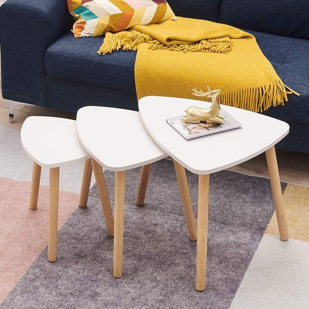 Nest of 3 End Tables Modern White Triangular Side Coffee Space Saving Set