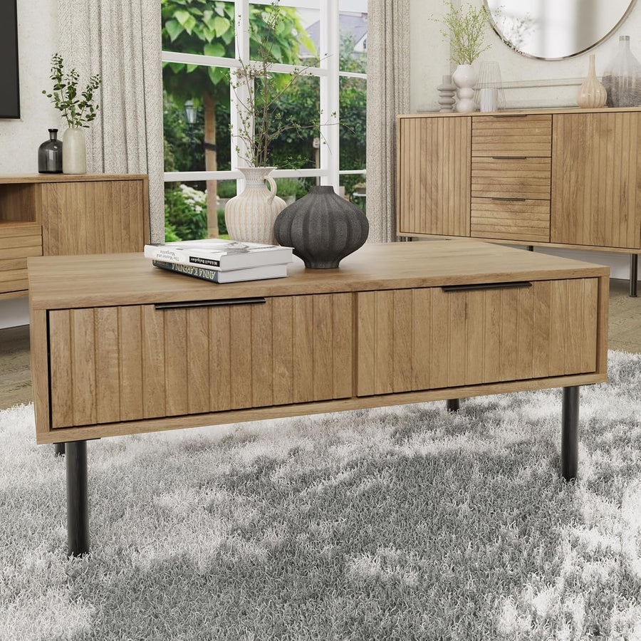 Oak Wood Coffee Table with Storage, Classic Rectangular Design 88cm
