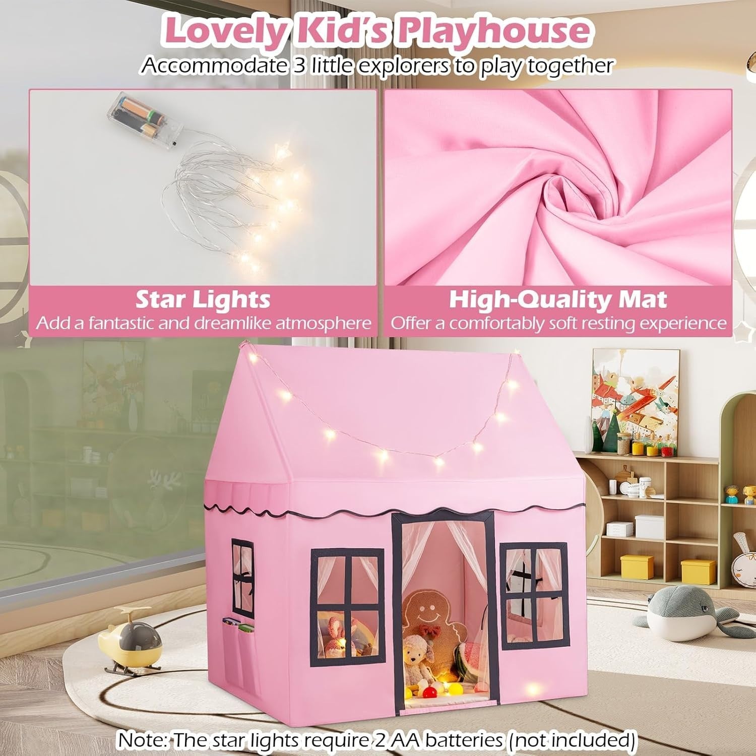 Pink Fairy Castle Kids Play Tent Indoor Large Star Light Playhouse