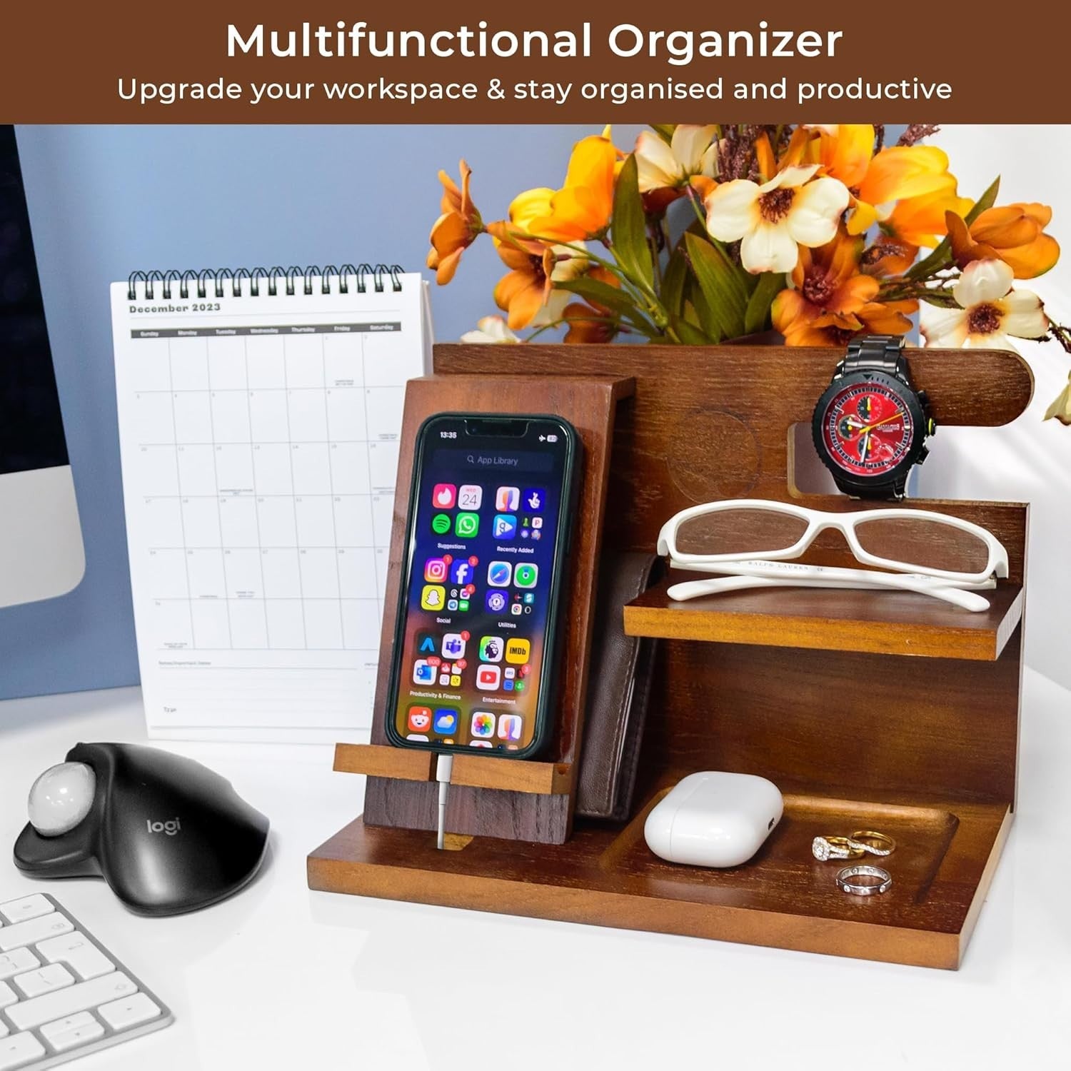 Wooden Desk Organizer & Phone Docking Station for Men – Bedside Caddy
