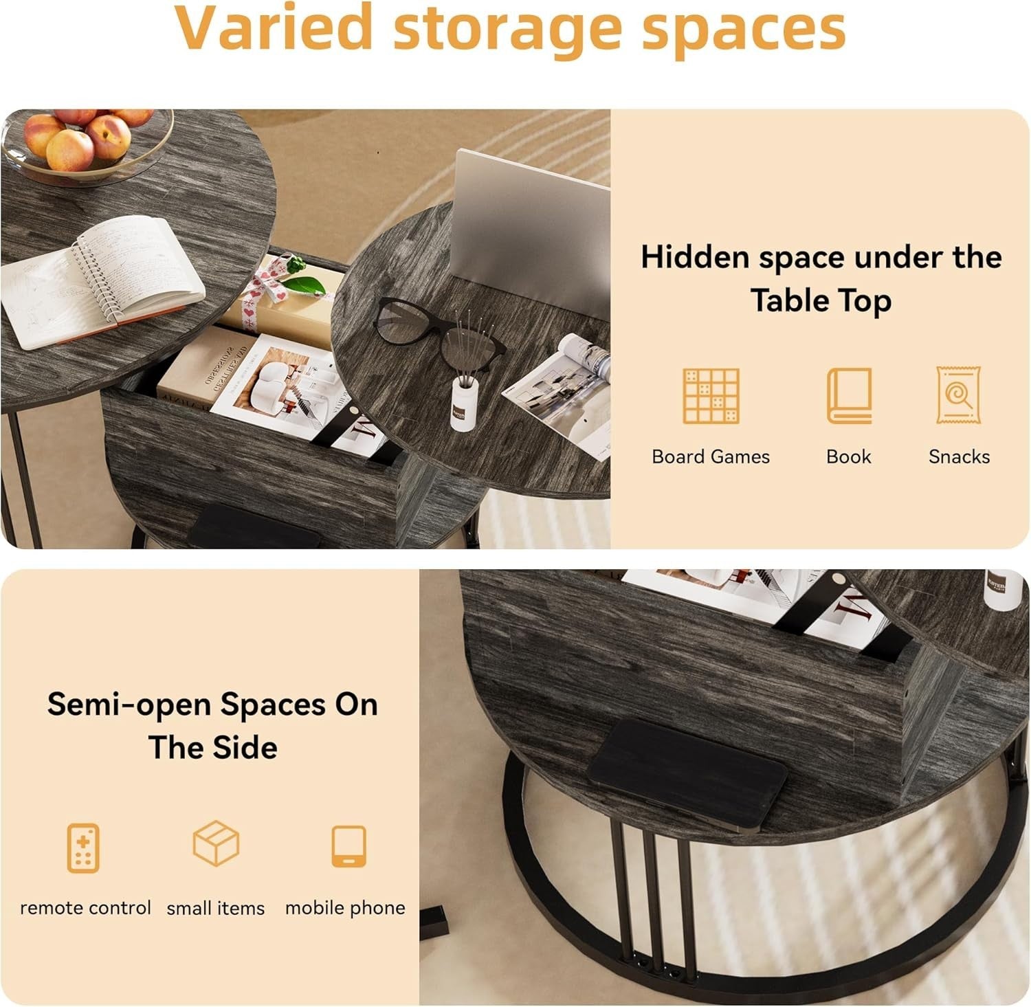 Round Nesting Coffee Table Set Lift Top Storage Glass Top Charcoal Black