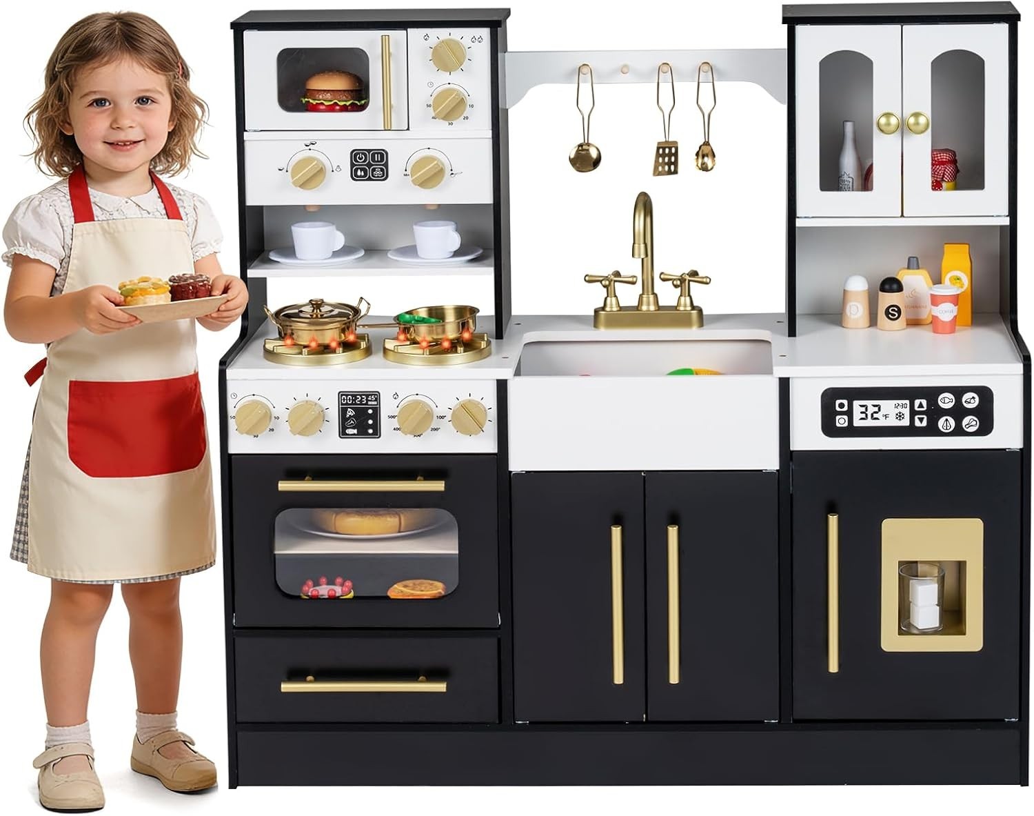 Luxury Kids Wooden Play Kitchen Lights Sounds Ice Maker Black Set