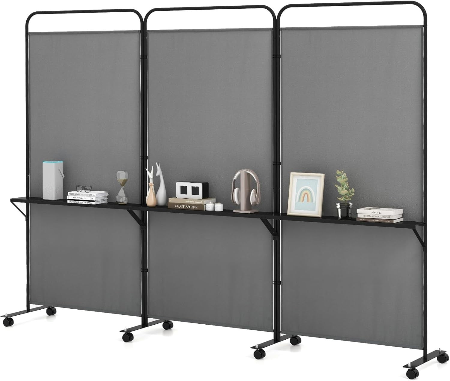 3 Panel Folding Room Divider with Shelves & Wheels 188cm Tall Privacy Screen