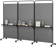 3 Panel Folding Room Divider with Shelves & Wheels 188cm Tall Privacy Screen
