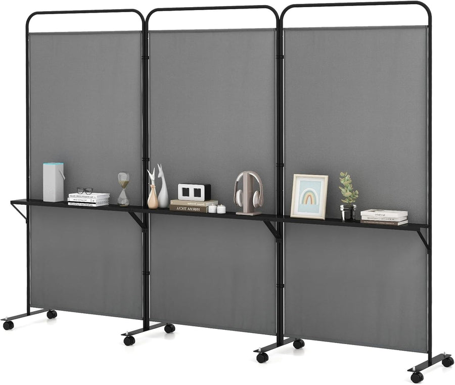 3 Panel Folding Room Divider with Shelves & Wheels 188cm Tall Privacy Screen