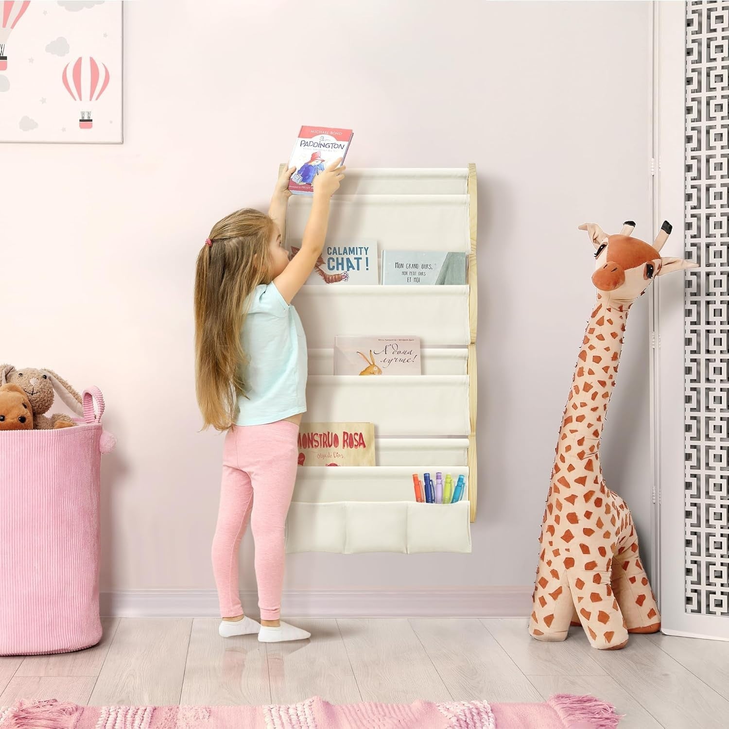 4-Tier Wall Mounted Kids Bookshelf with Fabric Sling & 3 Pockets, Cream