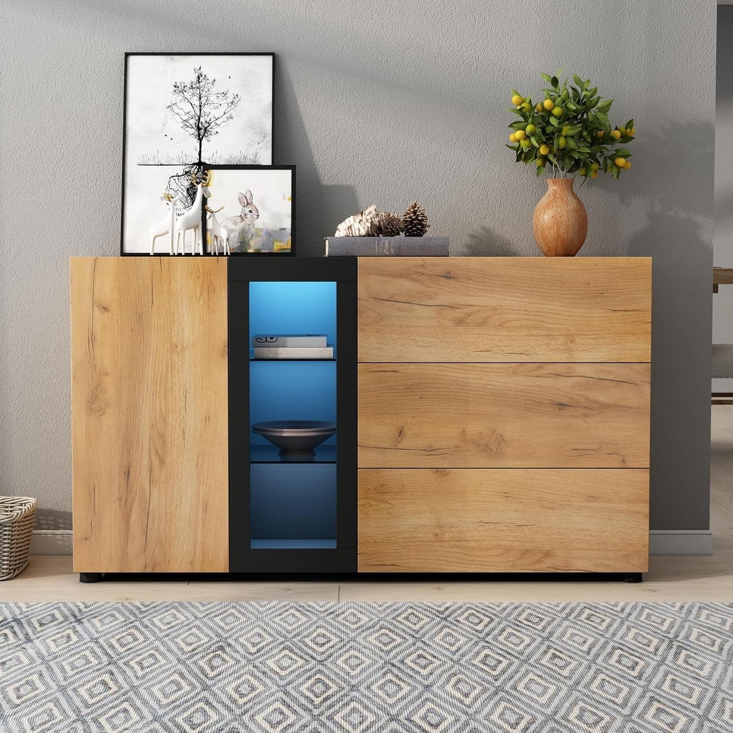 LED Sideboard Cabinet Glass Door 3 Drawers Storage Unit Brown Black
