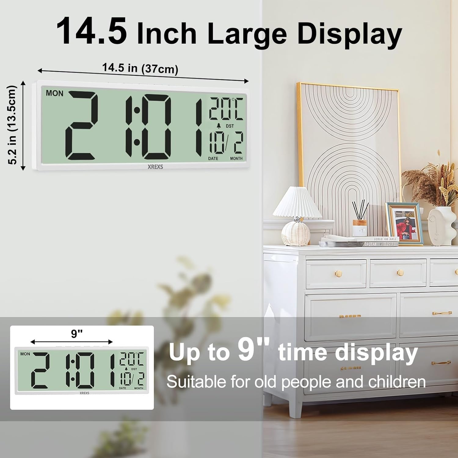 Large Digital Wall Clock 14.5" Jumbo Display Auto DST Temp Date Alarm Modern