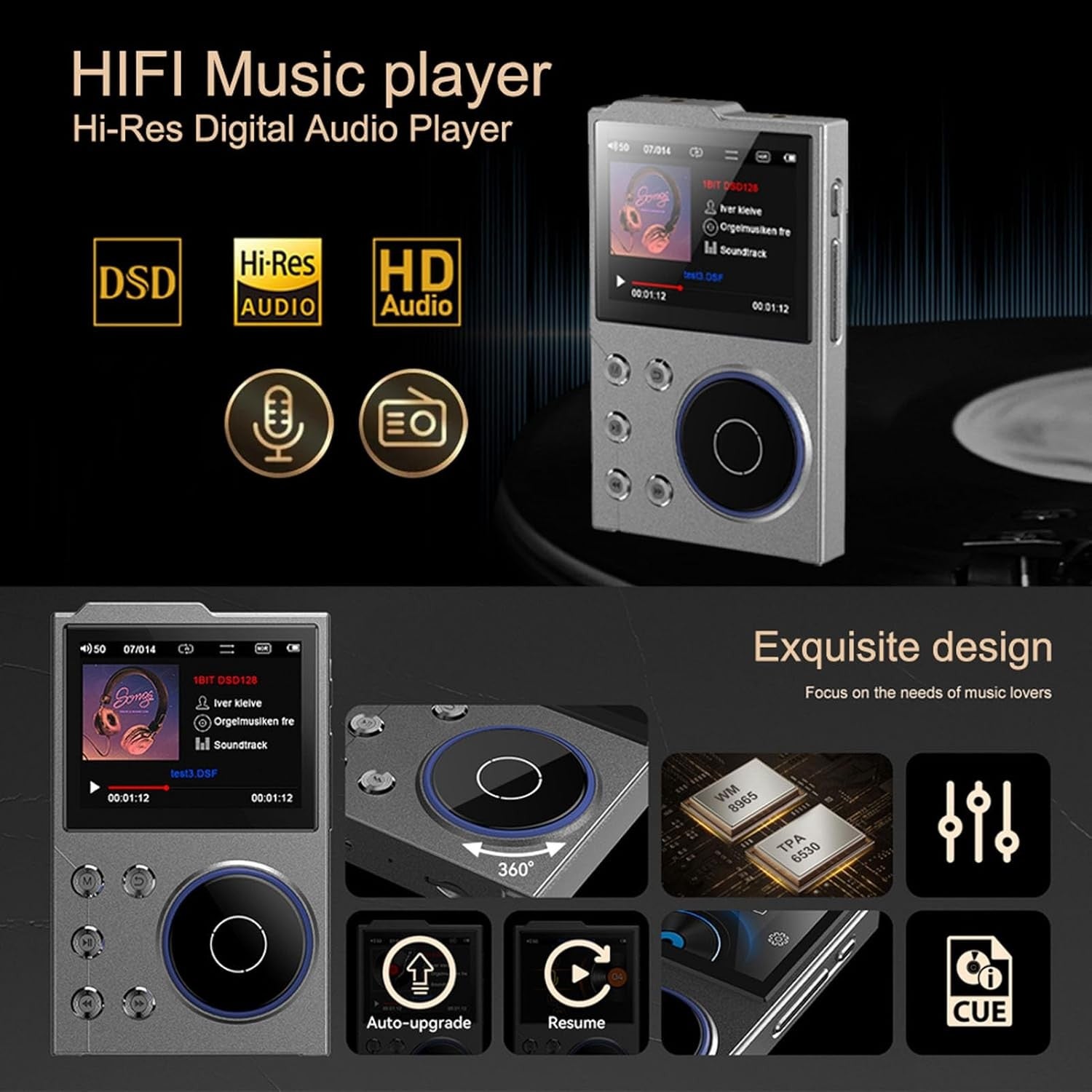 Bluetooth 5.3 MP3 Player HiFi 2.4" HD Screen Retro Scroll Wheel
