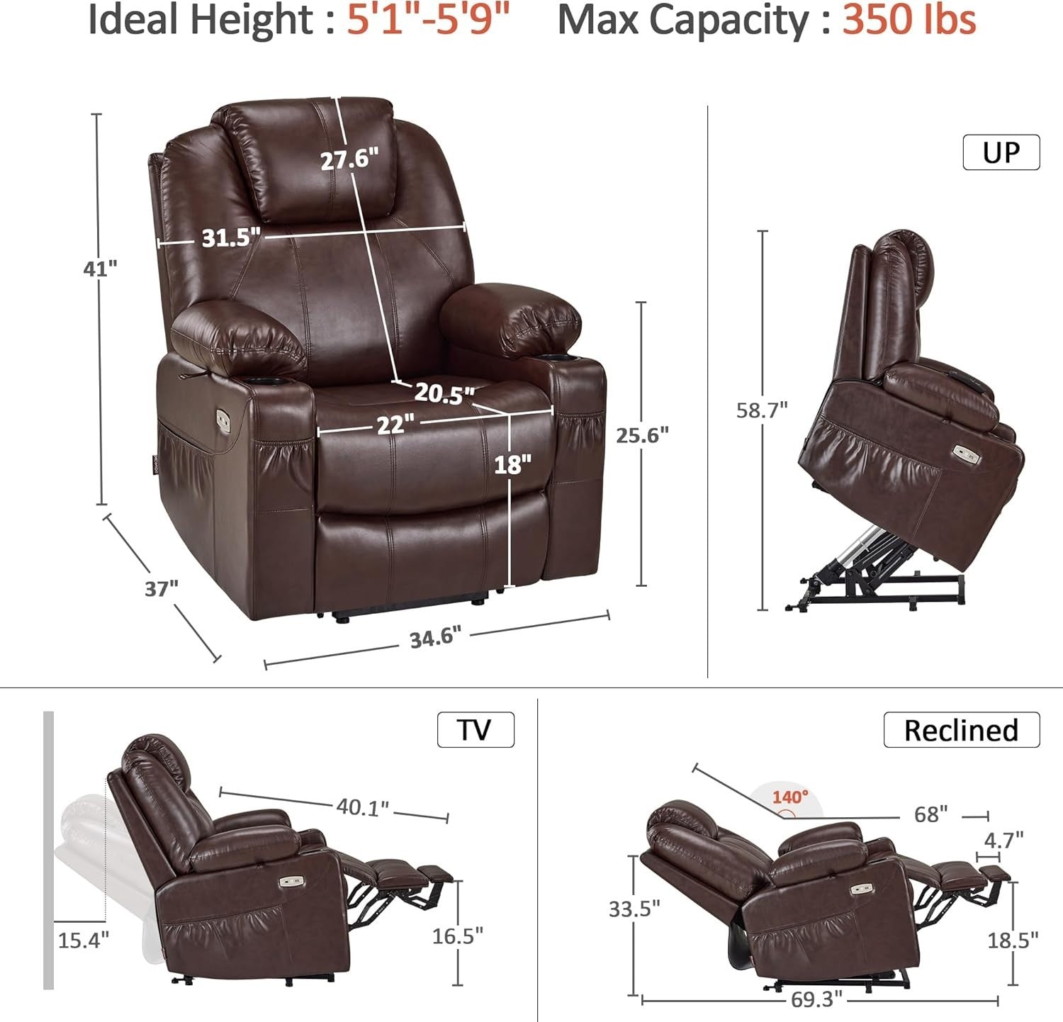 Dark Brown Riser Recliner Chair Lift Assist Heated Massage USB Faux Leather