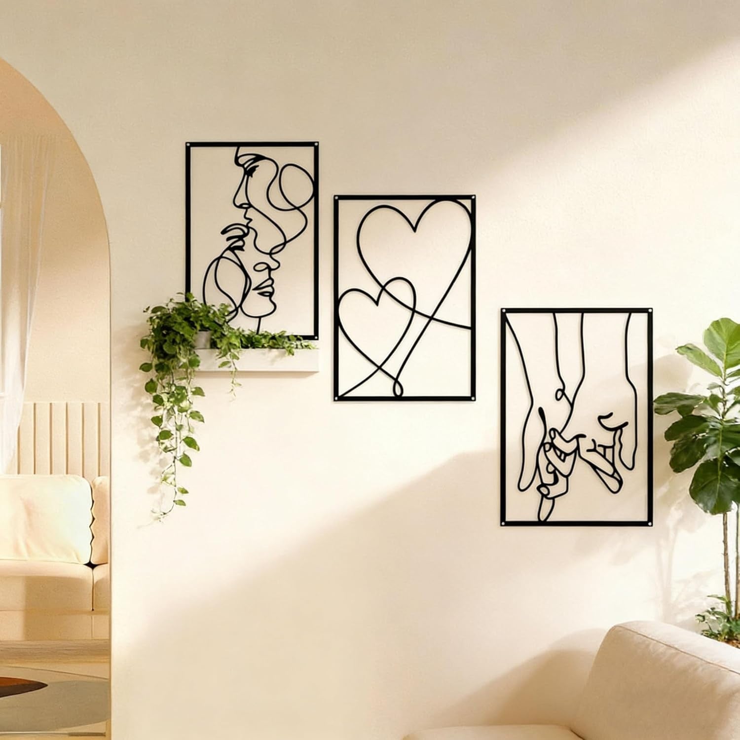 Black Metal Wall Art Set of 3 Modern Line Love Abstract 40x28cm