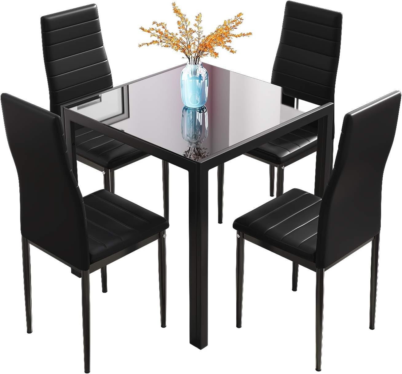 Modern Black Glass Dining Table Set with 4 Faux Leather Chairs – 75cm Square