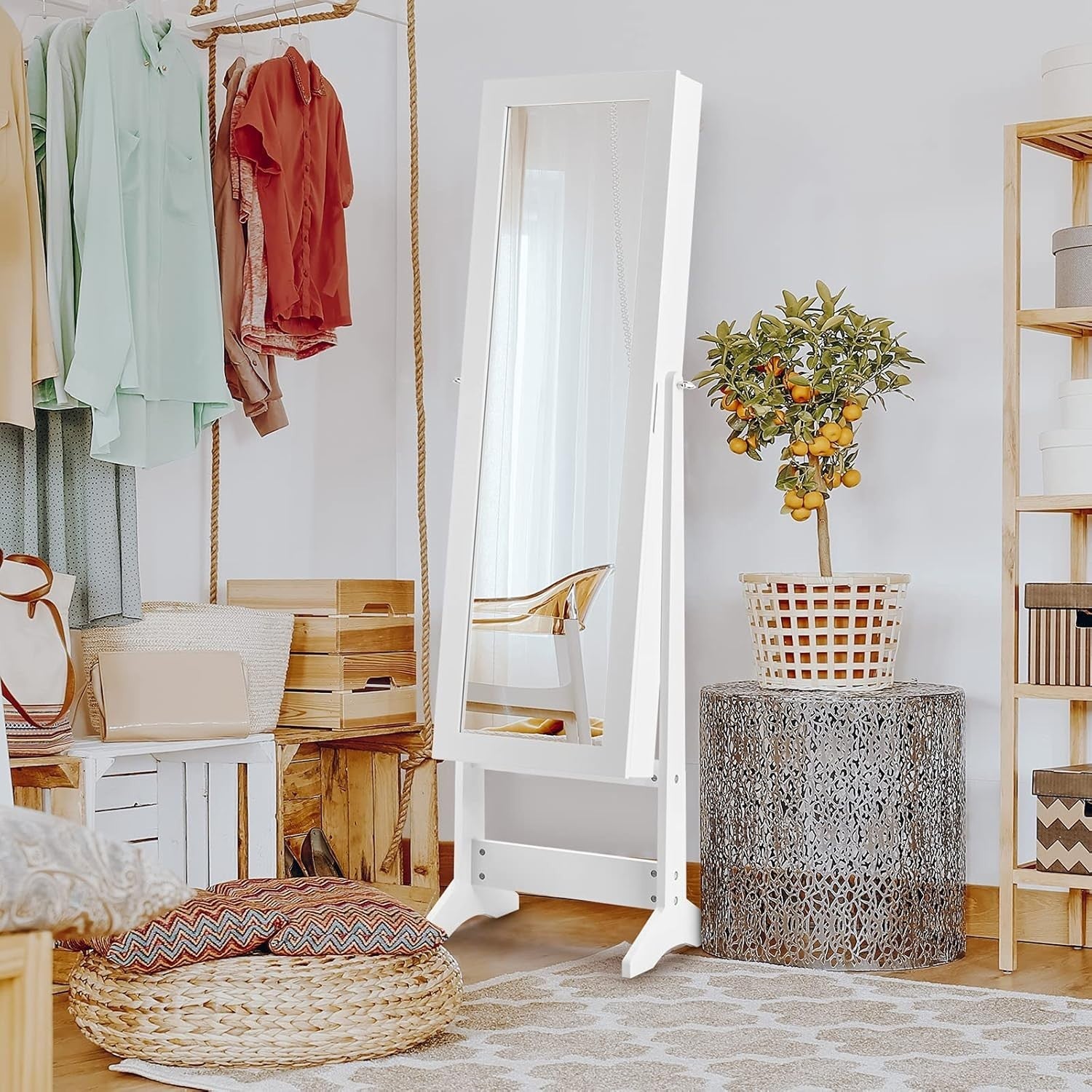White Freestanding Jewelry Cabinet Full Length Mirror Adjustable Organizer