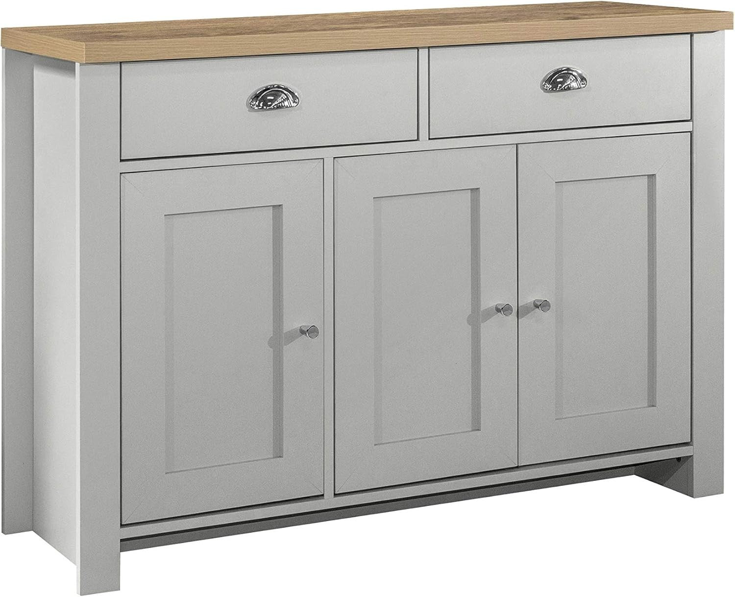 Grey 3 Door Sideboard with 2 Drawers & Oak Top | Storage & Farmhouse Style