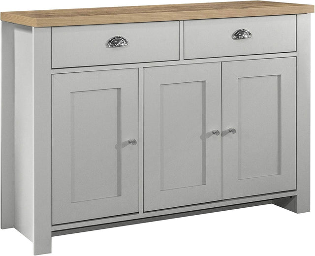 Grey 3 Door Sideboard with 2 Drawers & Oak Top | Storage & Farmhouse Style