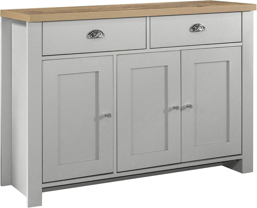 Grey 3 Door Sideboard with 2 Drawers & Oak Top | Storage & Farmhouse Style