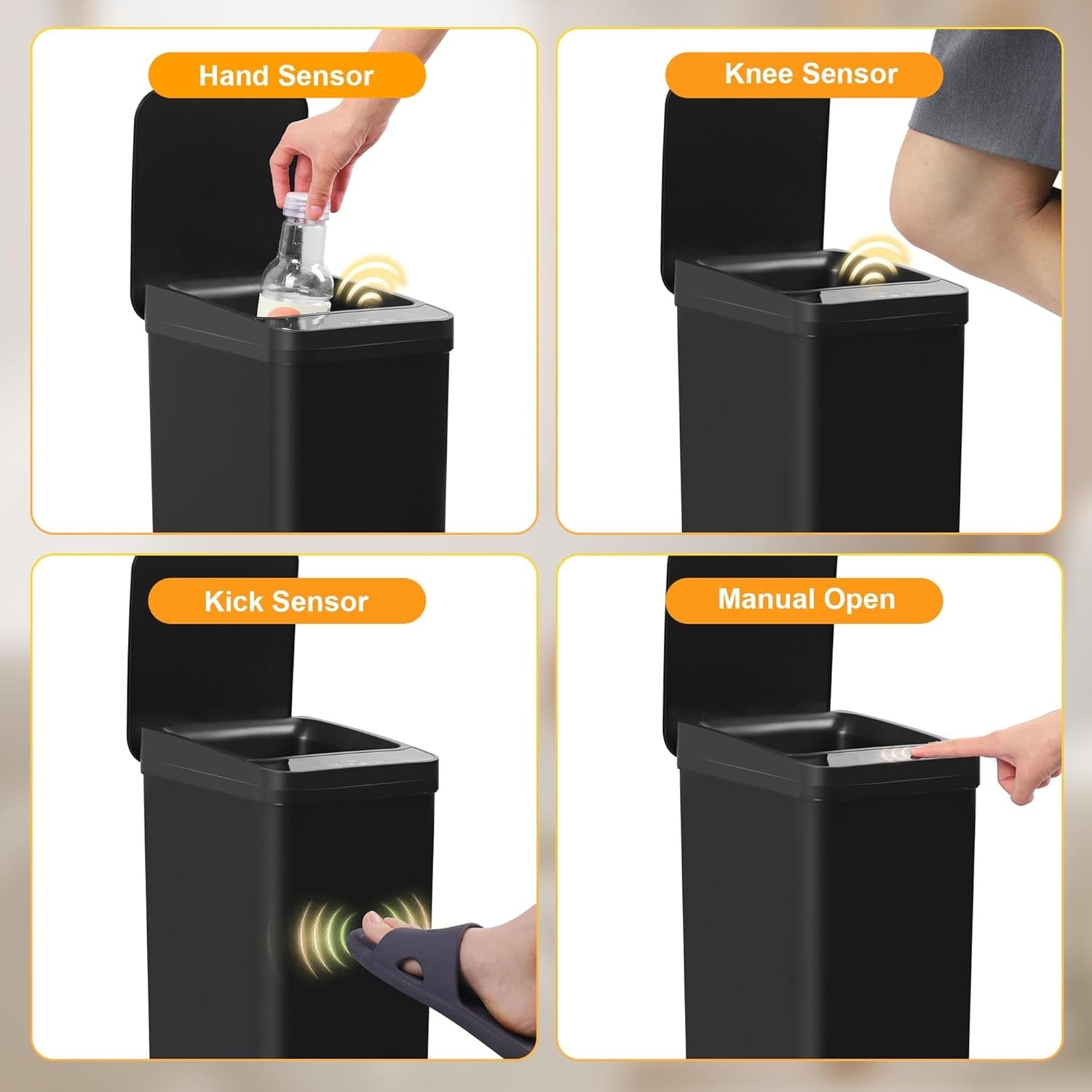 2 Pack 2.6 Gallon Touchless Motion Sensor Trash Can Black