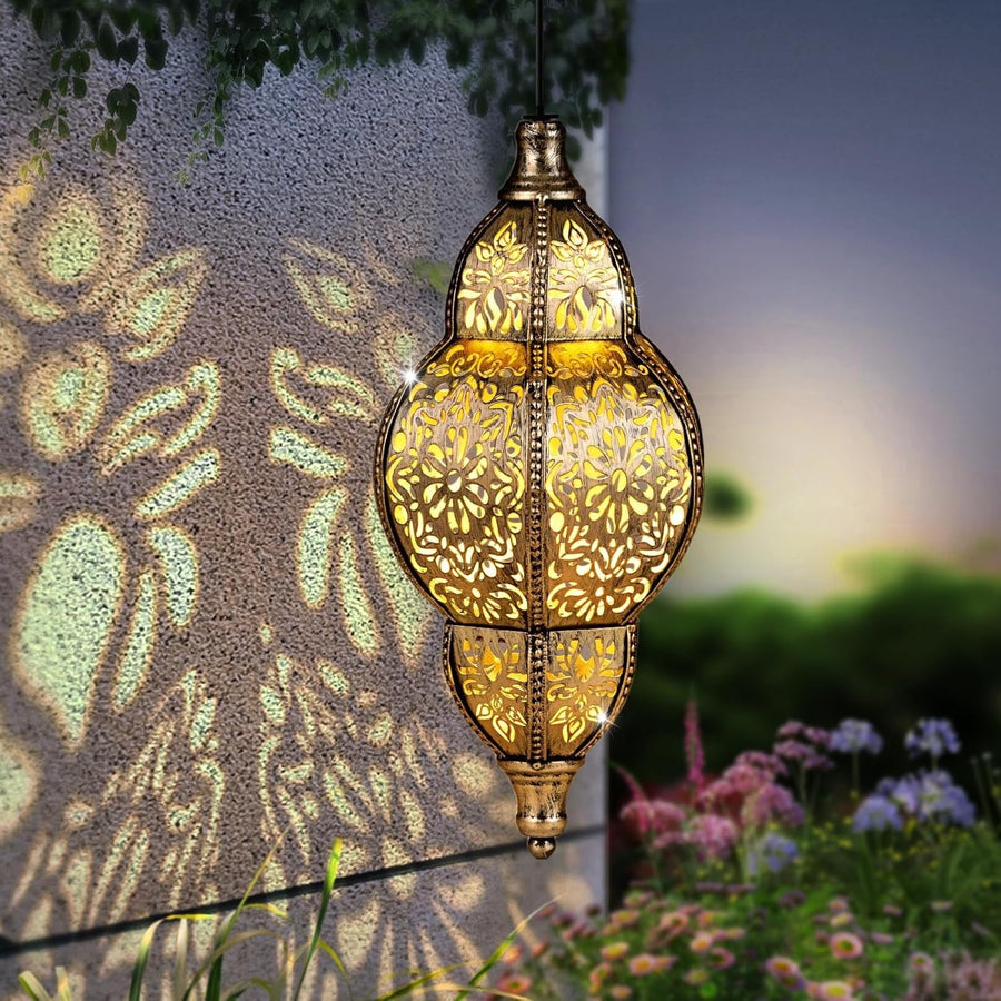 Solar Lantern Outdoor Decor, Gold Waterproof Solar Lights for Garden & Patio