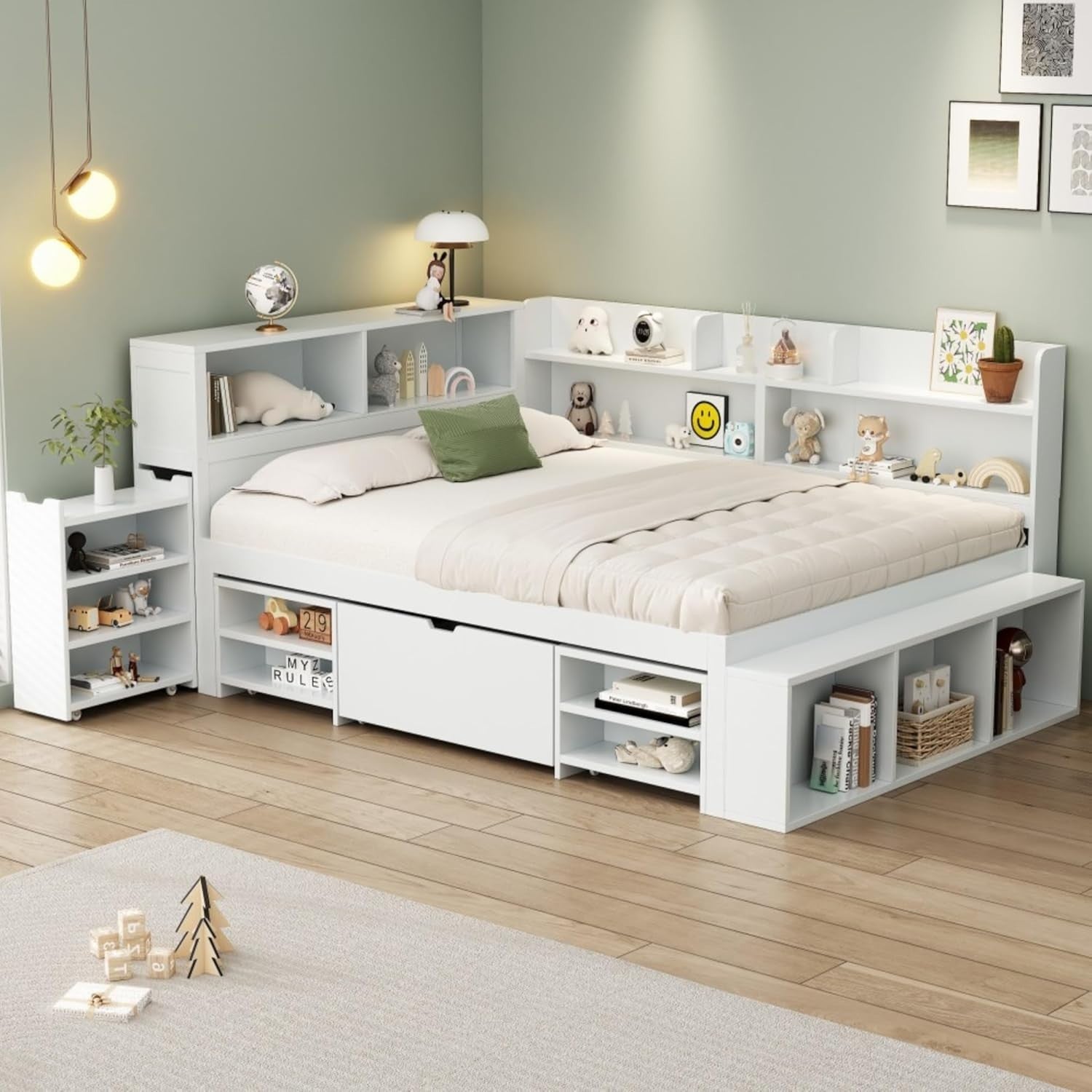 Double Kids Bed with Storage Drawers, Bookshelf & Slatted Frame 135x190cm