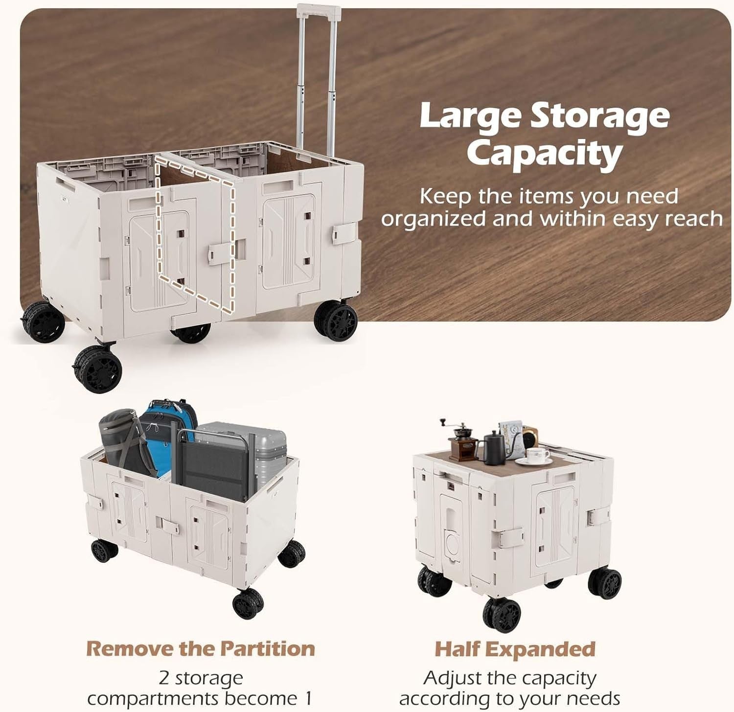 150L Folding Utility Trolley Cart Heavy Duty Wagon 5 Wheels Tabletop White