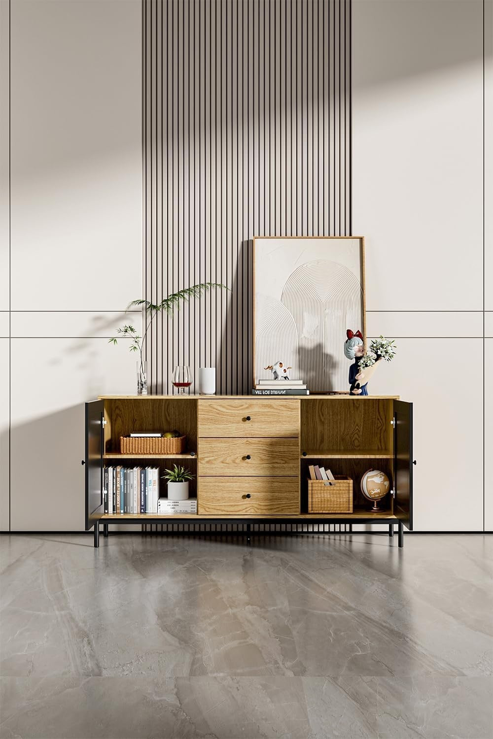 Rustic Wooden Sideboard TV Cabinet 2 Doors 3 Drawers Storage Cupboard