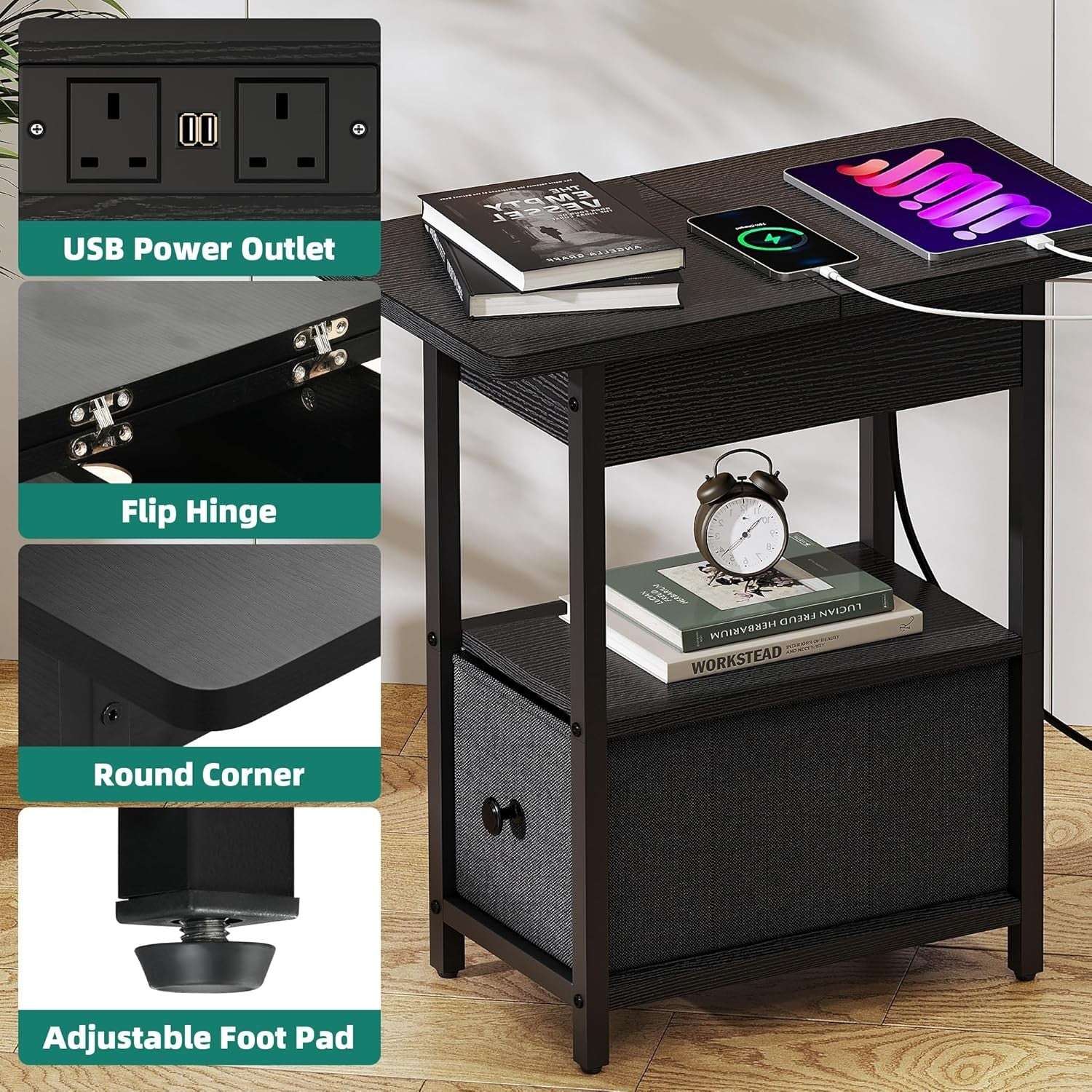 Slim Charging Side Table with USB Ports, Storage Shelf & Drawer for Bedroom
