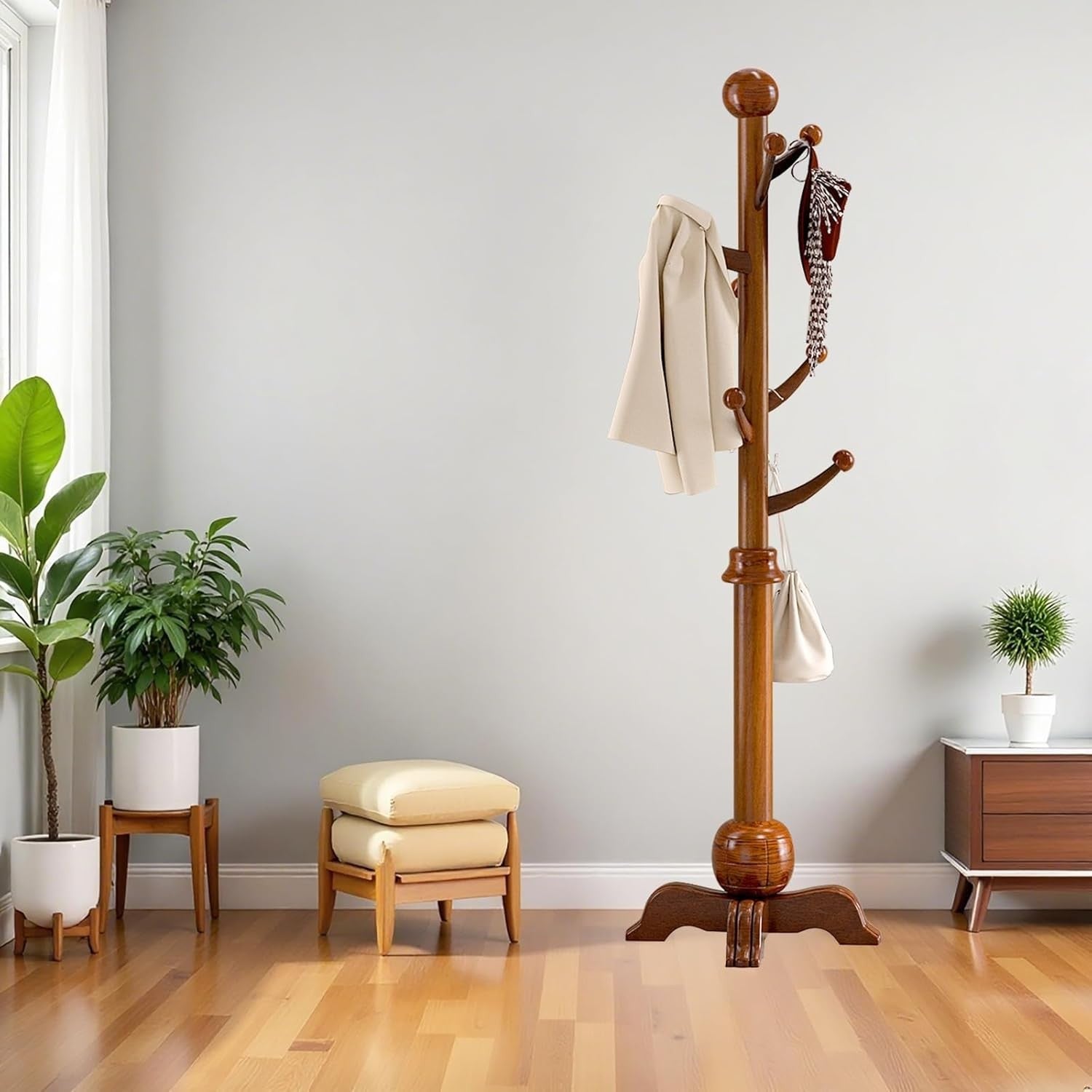 Wood Standing Coat Rack 8 Hooks | Heavy Duty Hat & Coat Stand 173cm